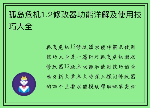 孤岛危机1.2修改器功能详解及使用技巧大全