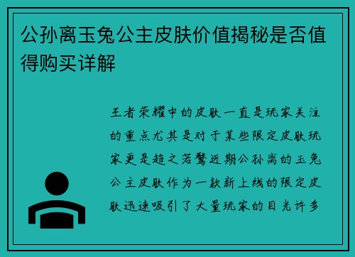 公孙离玉兔公主皮肤价值揭秘是否值得购买详解
