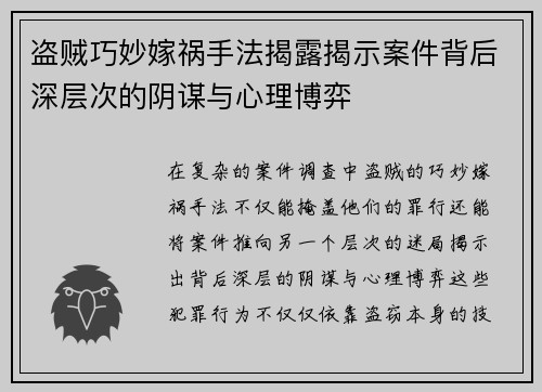 盗贼巧妙嫁祸手法揭露揭示案件背后深层次的阴谋与心理博弈 盗贼巧妙嫁祸手法揭露揭示案件背后深层次的阴谋与心理博弈